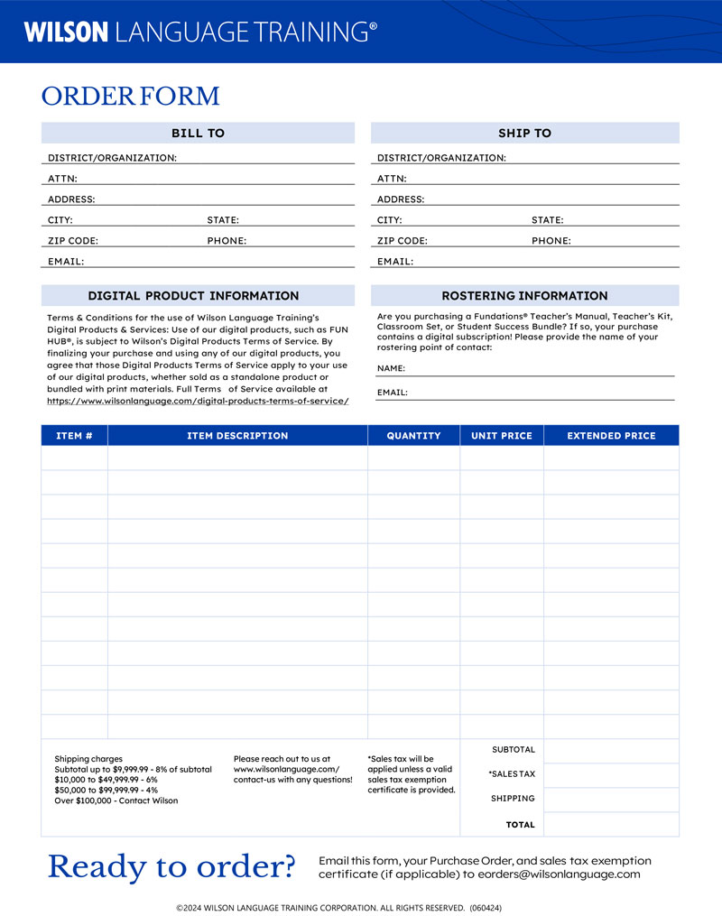Wilson Language Training Order Form with sections for billing, shipping, and product details.