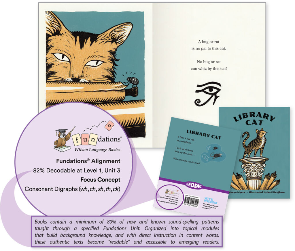Geodes Library Cat book cover and inside page with cat illustration and text