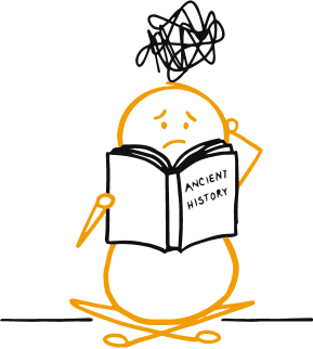 Confused stick figure studying "Ancient History" book