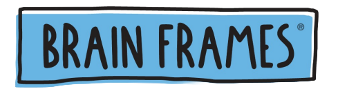 Brain Frames logo, a blue rectangle with the words "BRAIN FRAMES" in black, hand-drawn text