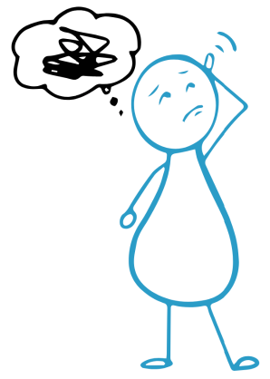 Stick figure with a thought bubble showing scribbles, appearing confused.