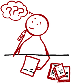 Stick figure contemplating with question marks, holding marker over papers