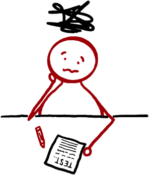 Stick figure looking stressed at a test with a pen