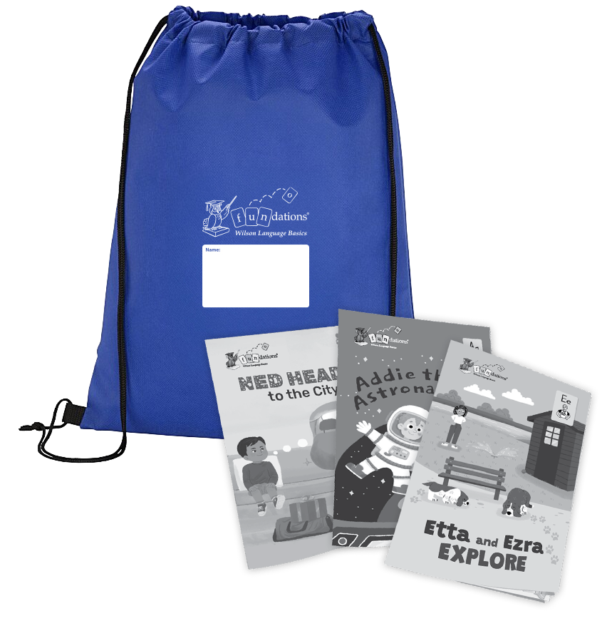 Blue Fundations® drawstring bag with three readers: Ned Heads to the City, Addie the Astronaut, Etta and Ezra Explore.