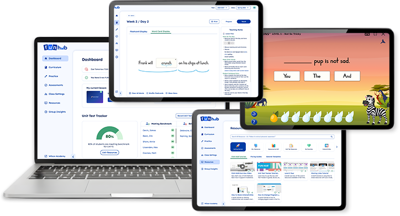 Fun Hub educational software bundles displayed on laptop, tablets, and phone.
