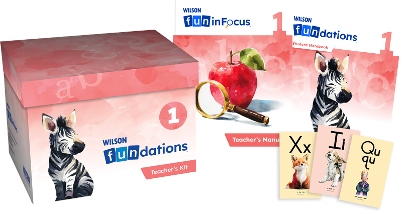 Wilson Foundations Level 1 Teacher's Kit bundle with student notebook and flashcards.