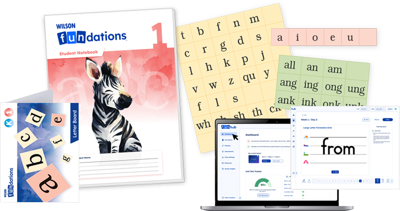 Wilson Fundations bundles: student notebook, letter board, and learning materials