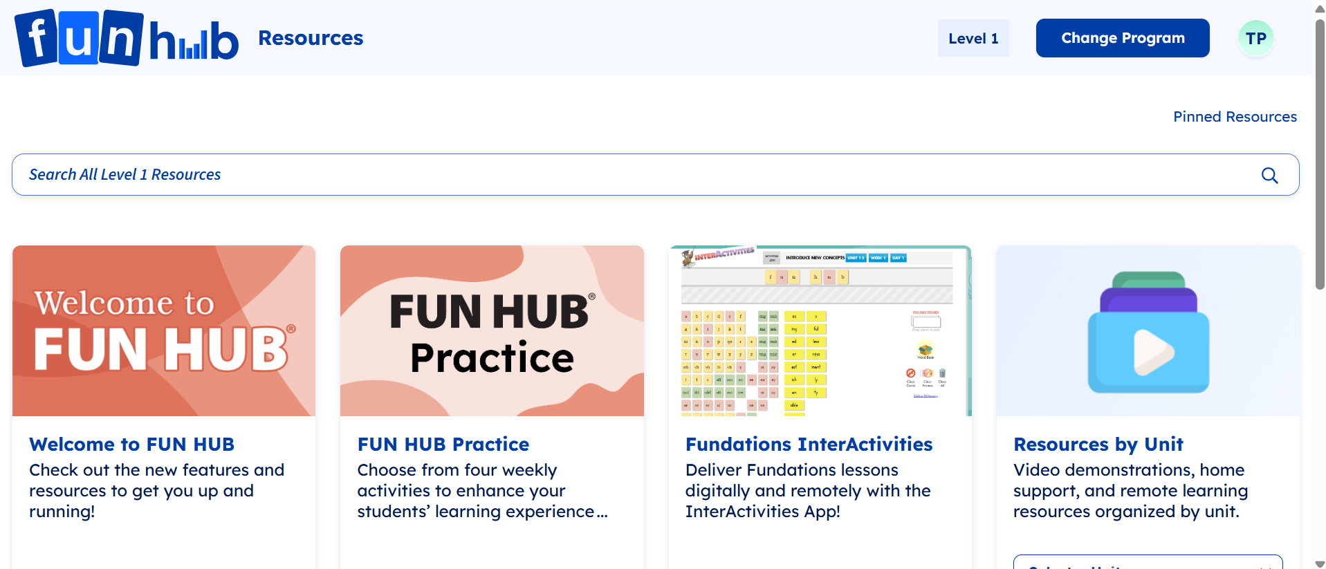 FUN HUB Resources dashboard showing Fundations InterActivities and resources by unit.