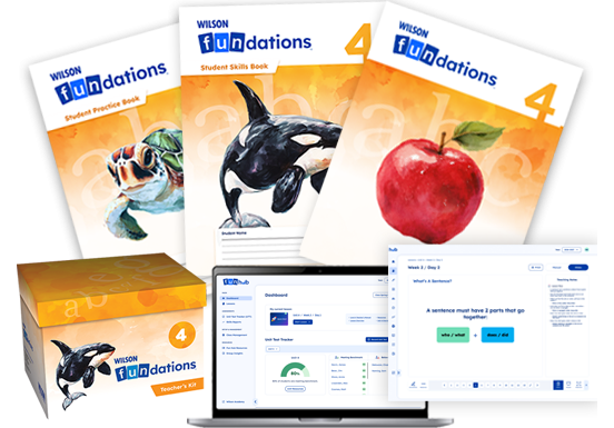 Wilson Fundations 4 Student Skills Book, practice book, teacher's kit, and digital dashboard