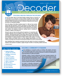 Cover of The Decoder magazine, Fall 2017 edition, titled 'The Voice of the Wilson Community.' The cover features a young boy reading a book, alongside articles about dyslexia and Wilson programs. A section at the bottom highlights contents, including topics like 'Dyslexia Through the Decades,' 'Building a Community of Readers,' and more, with a curled page revealing additional content.