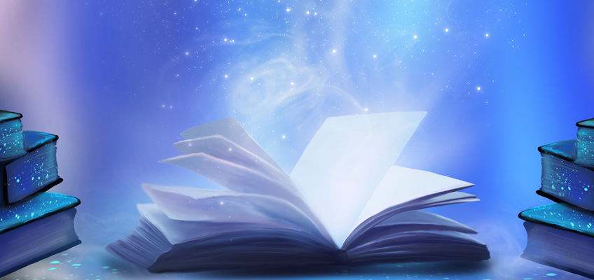 Open book glowing with magic, surrounded by mystical books