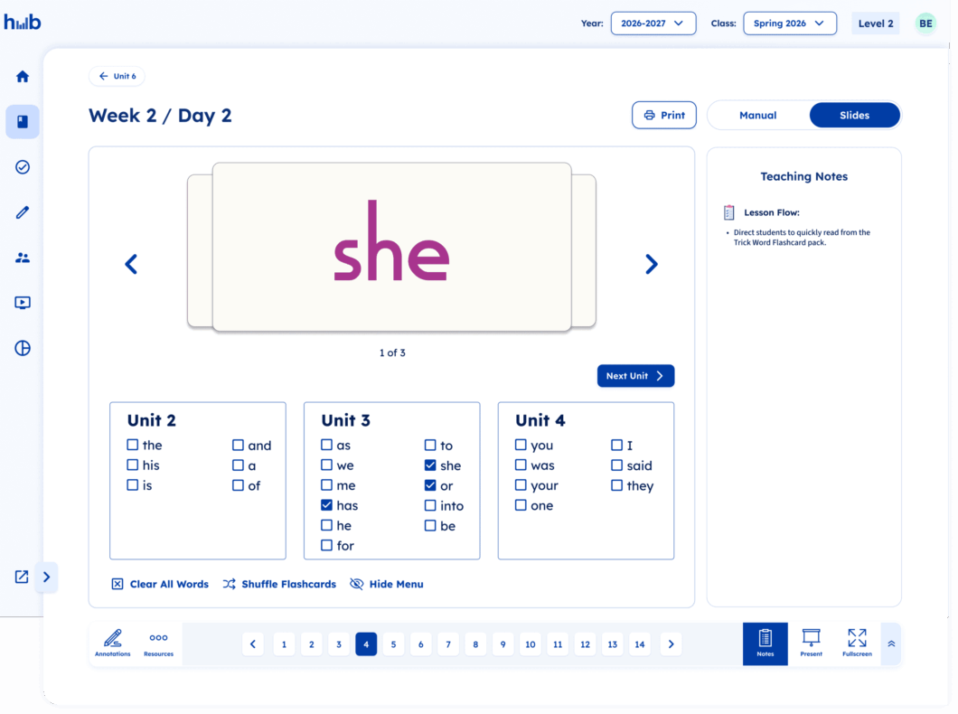 FUN HUB® screen showing 'she' trick word flashcard, Unit 6, Week 2, Day 2.