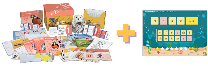 bundle-1 A Fundations® Level 1 bundle featuring physical materials, including instructional guides, cards, student notebooks, practice items, and an owl puppet. To the right is a digital learning activity showing a Fundations® Level 1 screen with letter tiles forming words and an underwater theme. A plus sign connects the physical and digital components.